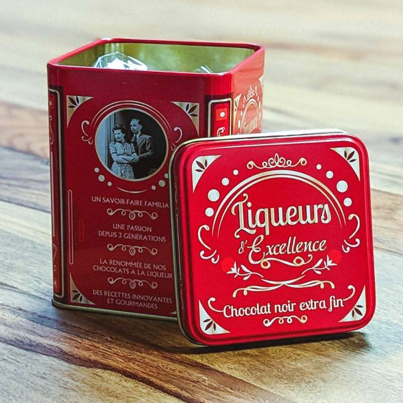 Chocolaterie Abtey - Boîte en métal “Vintage” rouge liqueurs (au ...