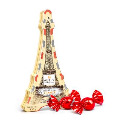 Boîte tour Eiffel métal aux boules de chocolat au lait fourré praliné