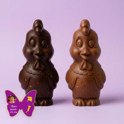 Moulage Cocotte la Poule pour Aline Sourit à la Vie (au chocolat noir & brisure de crêpes)